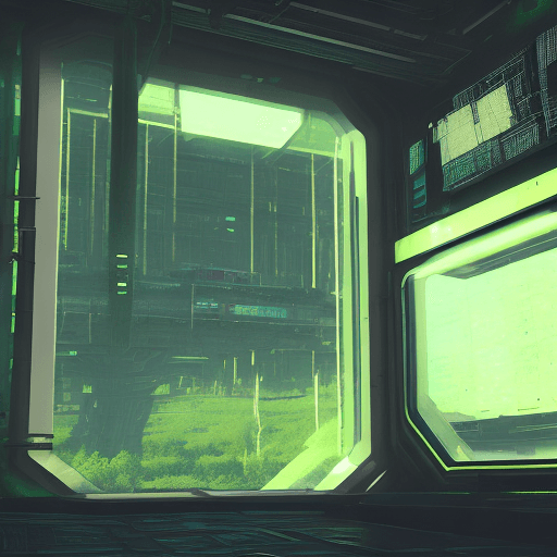 AI generated: Cyberpunk, image of an empty space station with a single window overlooking wild green nature. Windo...