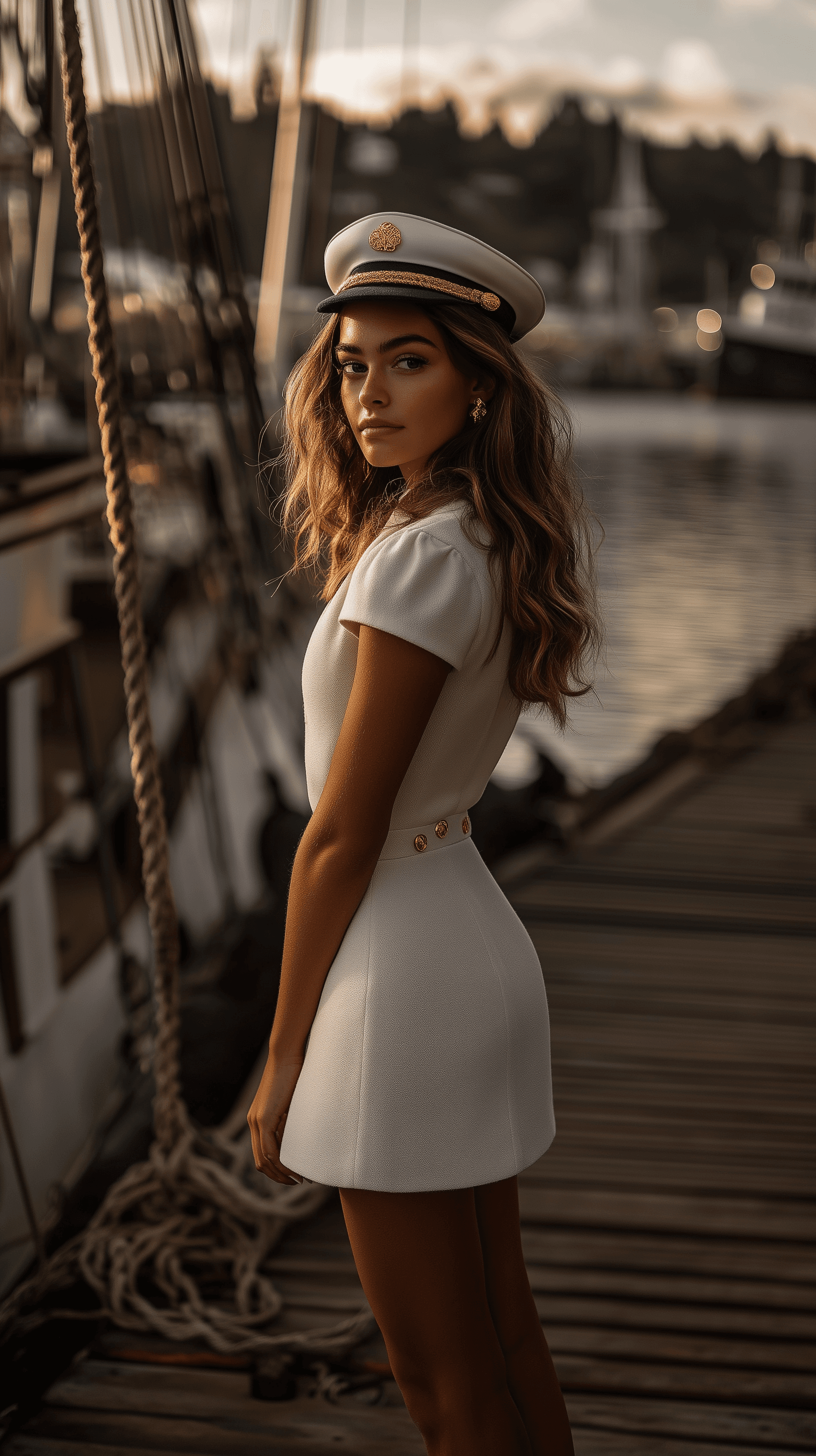 AI generated:  A portrait of a young woman in a fitted navy-and-white sailor dress  