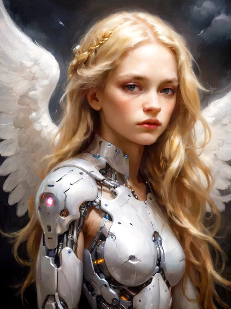 AI generated: A photo of a beautiful cyborg female angel, with expressionless facial features, heavenly, long blon...