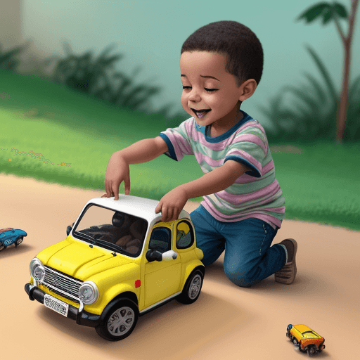 AI generated: Criar imagem de menino, com cabelos curtos brincando com miniaturas de 
 carrinho no quintal de sua ...