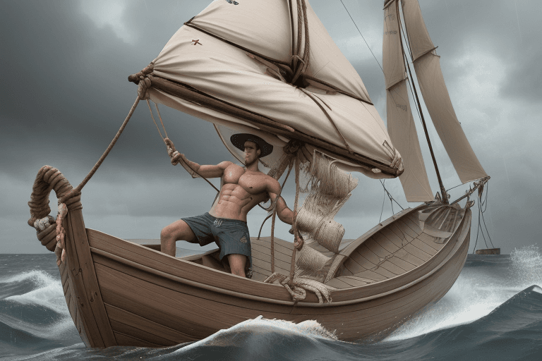 AI generated: A Unconventional boat made of Plastic planks attached by ropes to empty Plastic bottles that rest on...