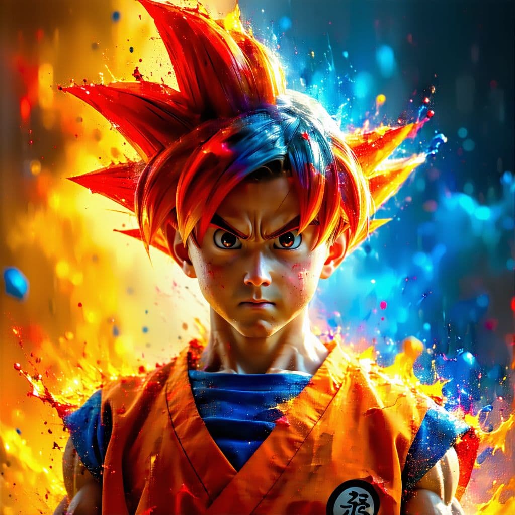AI generated: Goku poster, male character in red, yellow and blue, in the style of 4k image, background with dust ...
