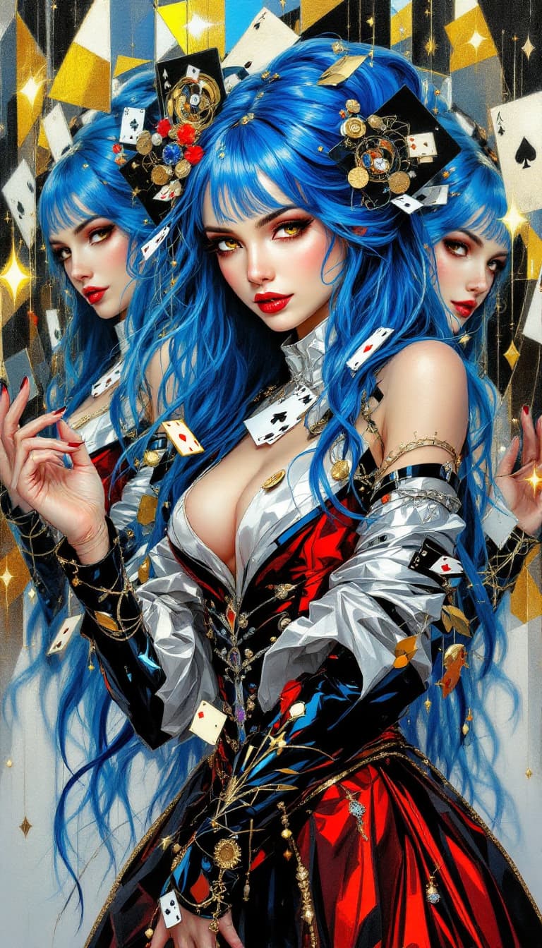 AI generated: "Sapphire Illusionist in a Hall of Refractions": A captivating abstract painting showcases an illusi...