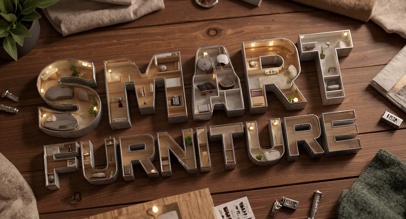 AI generated: A maximalist 3D typographic artwork where the entire word “SMART FURNITURE” is constructed from a la...