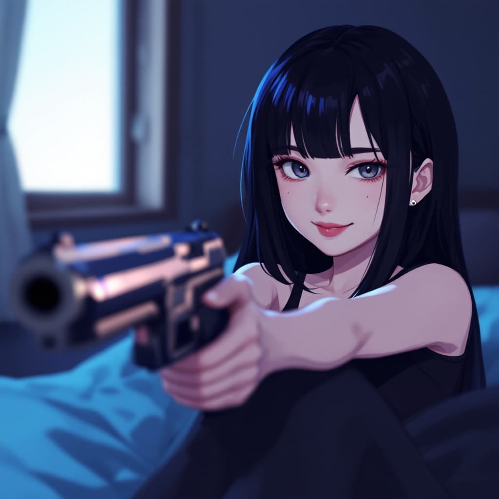 AI generated: girl with gun doodle drawn by _haruka.k, Solo, realistic anime style, long black, straight hair, bla...
