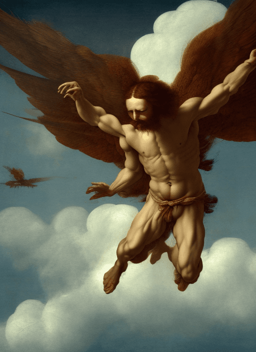AI generated: A man flies into the clouds in this 8k painting by Leonardo da Vinci