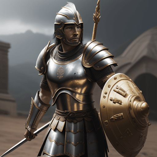 AI generated: Male colombiano spartan warrior in a battle ground, facing camera, finely detailed helm, armor, spea...