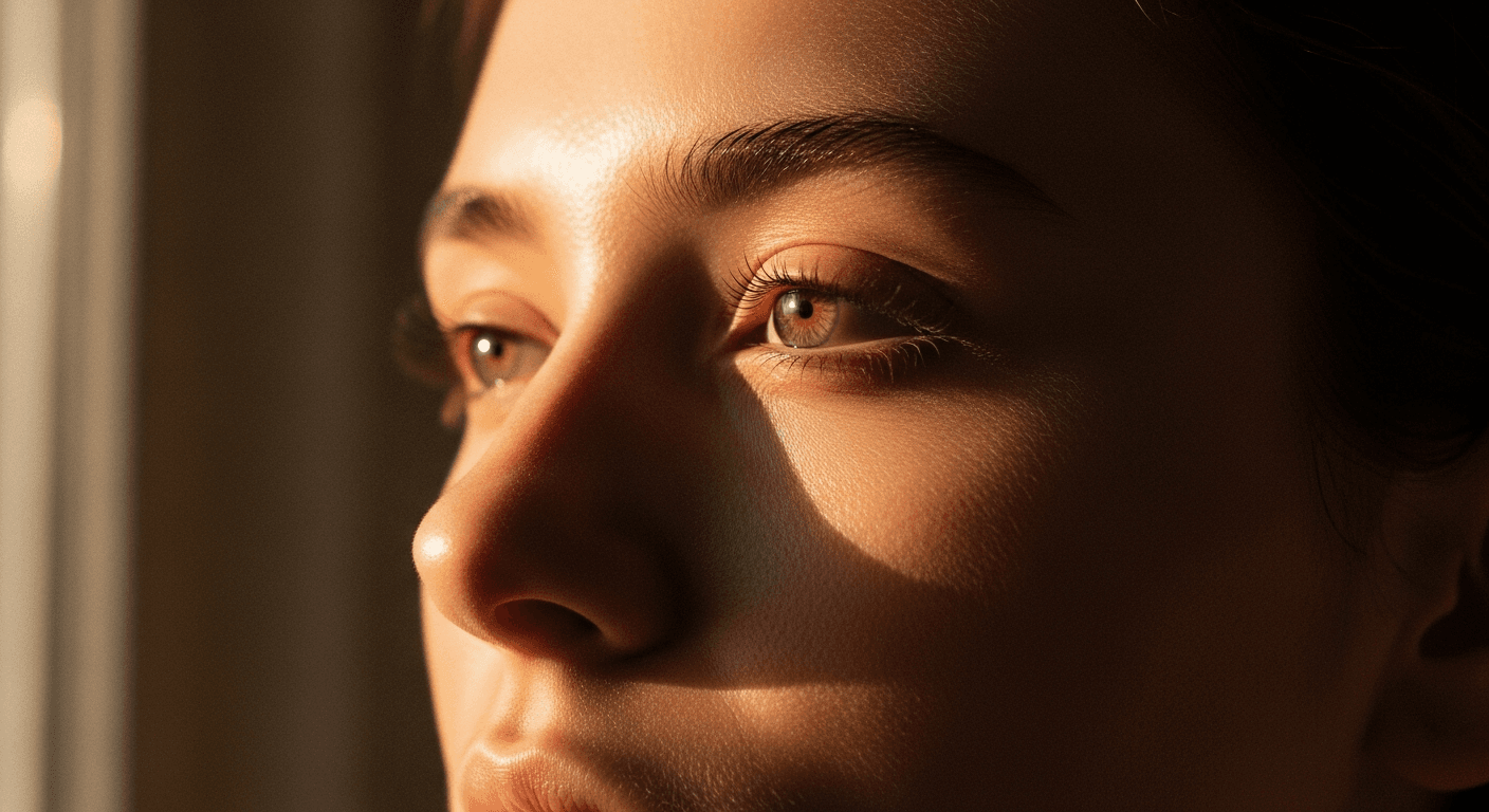 AI generated: soft morning sunlight gently touching the face, subtle warm glow, delicate highlights on the skin, l...