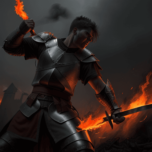 AI generated: an enraged strong male warrior fighting with a flaming sword in the midst of a medieval battle, dark...