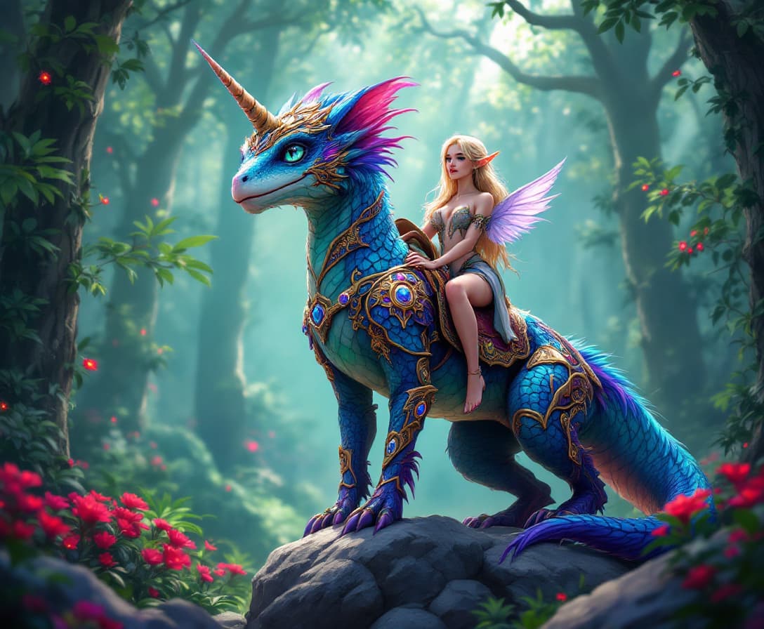 AI generated: Image is a comic  anime cartoon, vibrant digital artwork featuring a fantastical  Bi-pedal Unicorn c...