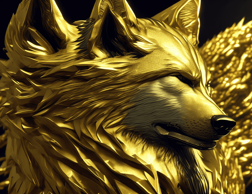 AI generated: gold wolf , god, rich, wolf, gold, daimond, silver, , black background, ultra detailed, cinematic, p...