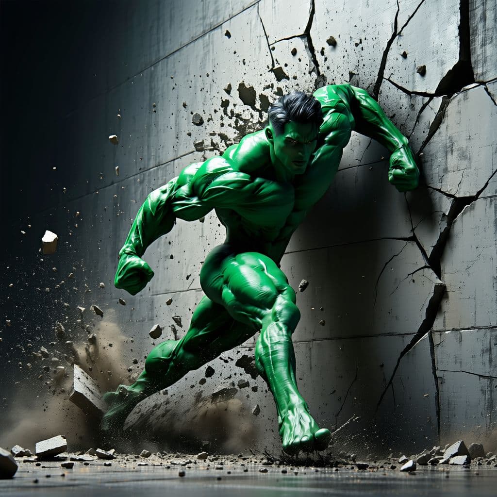 AI generated: ]A dynamic 3D character resembling a muscular humanoid with green skin, captured entirely from the l...