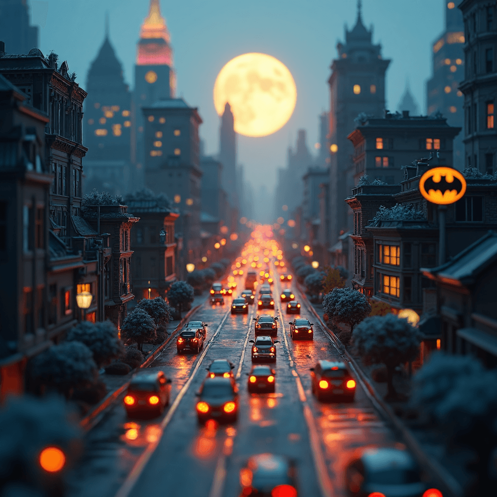 AI generated: plush soft textured world, plush Gotham city and light beam highlights the sky with push logo of a b...