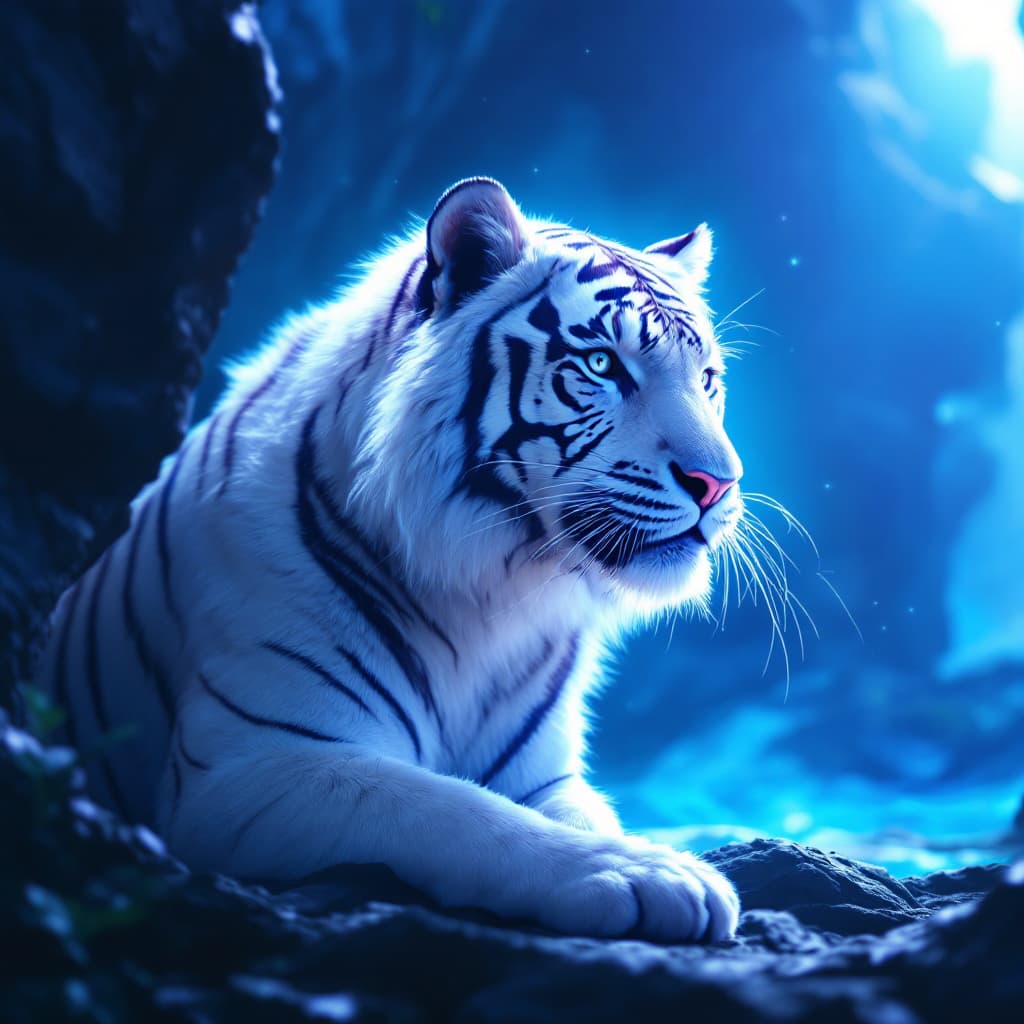 AI generated: A digitally painted illustration depicting a white tiger in a modern, futuristic setting. The scene ...