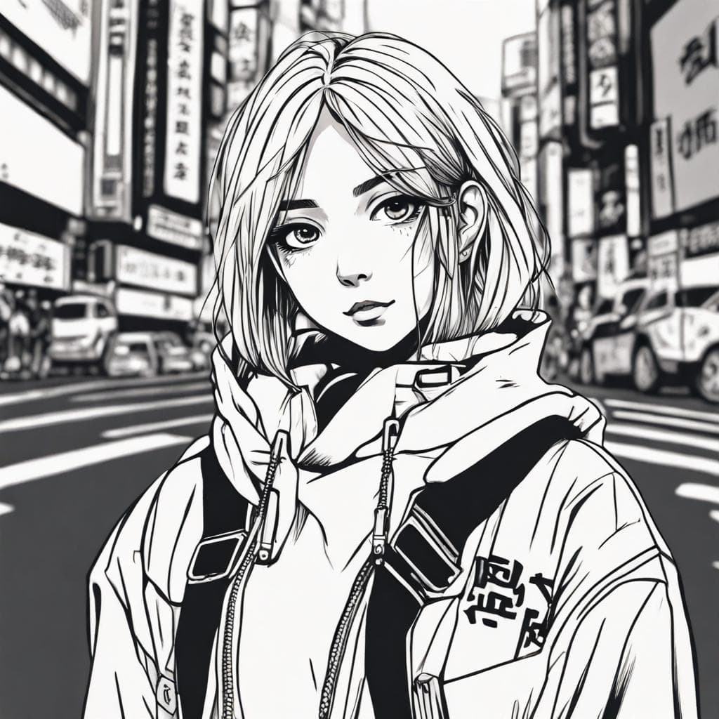 AI generated: girl posing in Shibuya for a photo shoot, detailed anime style face, manga style drawing, highly det...