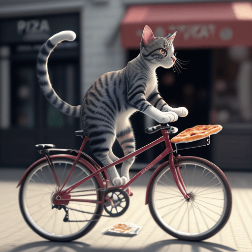 AI generated: A cat riding a bicycle with a pizza in hand,Realistic, 4k,hyperdetailed,octane render