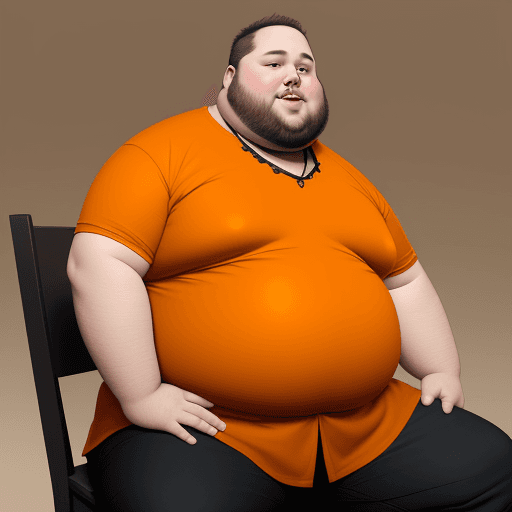 AI generated: A picture of a fat man sitting on a chair wearing orange colored clothes with his hands on his hips,...