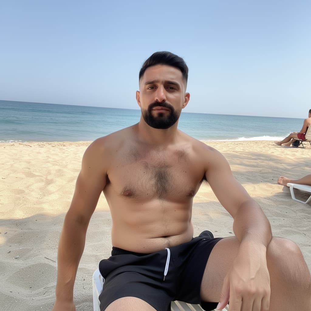 AI generated: A beautifull man at the beach without t-shirt, using a black speedo; His chest is hairy and he's wea...