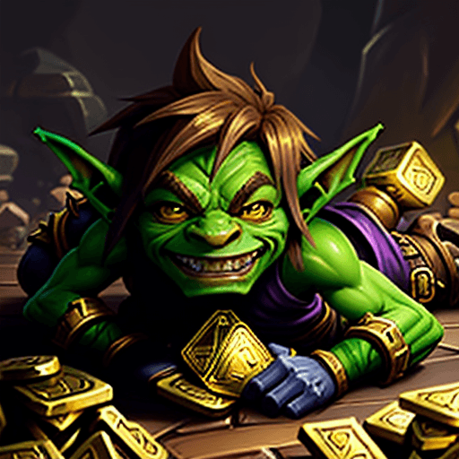 AI generated: Hearthstone card art style, a male goblin is laying on piles of gold and loot