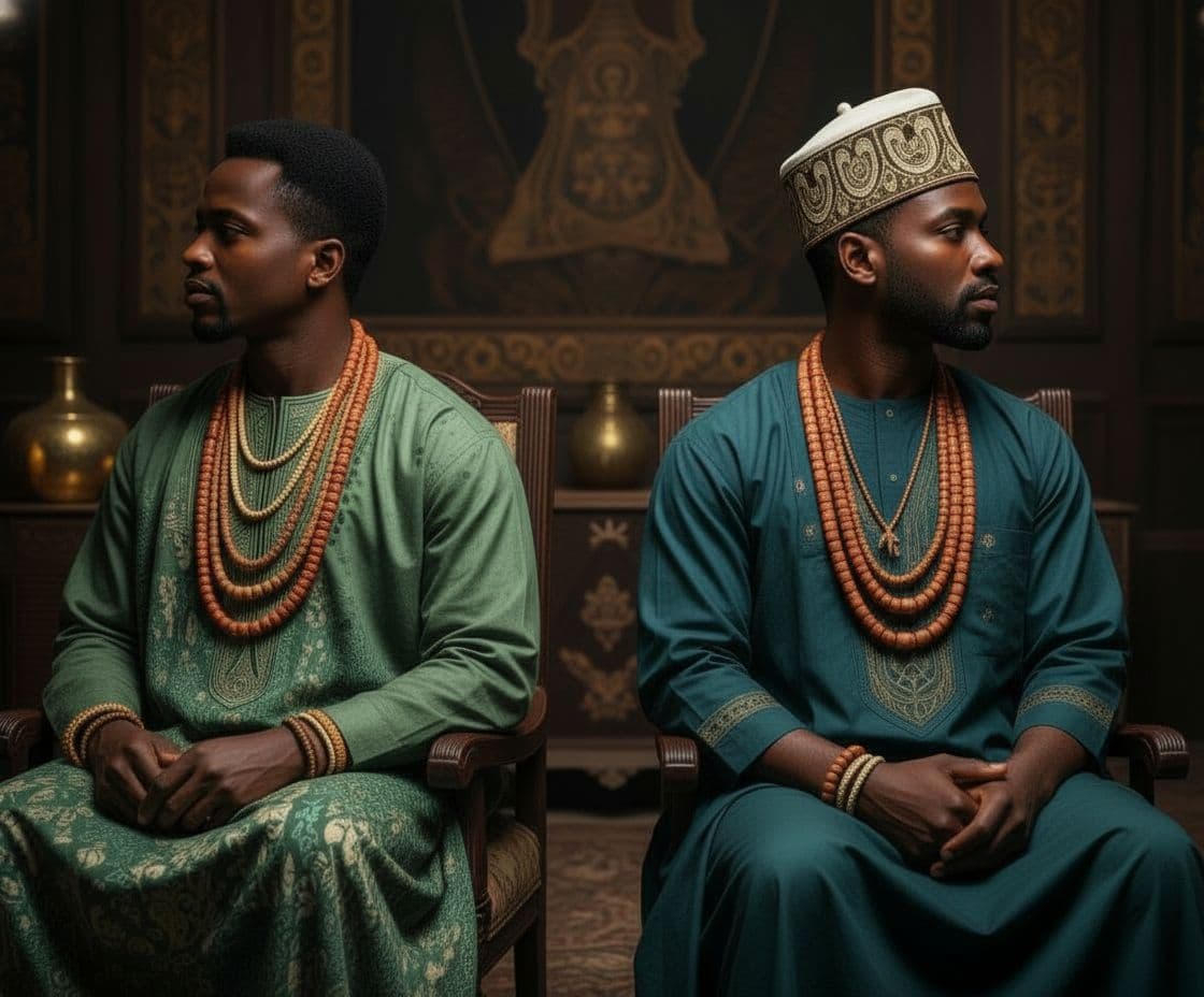 AI generated: place the man in the blue attire beside the man in the green attire 