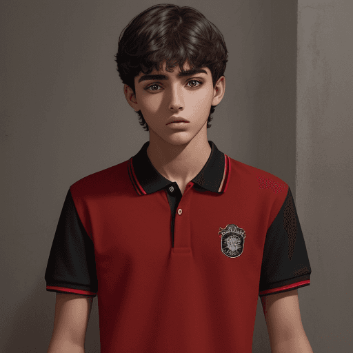 AI generated: adolescente hombre, piel morena oscura, cabello negro corte escolar, camiseta color rojo polo. 
