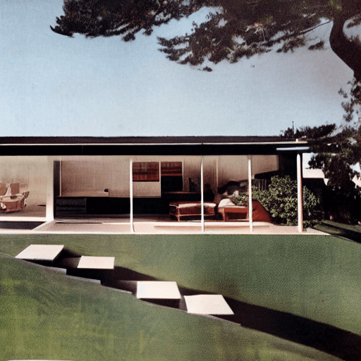 AI generated: hyper realistic eye level exterior photo of a mid century modern style house overlooking the ocean, ...