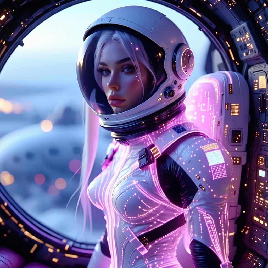 AI generated: A stunning futuristic depiction of Ciri astronaut aboard an advanced spacecraft, wearing a sleek, fo...