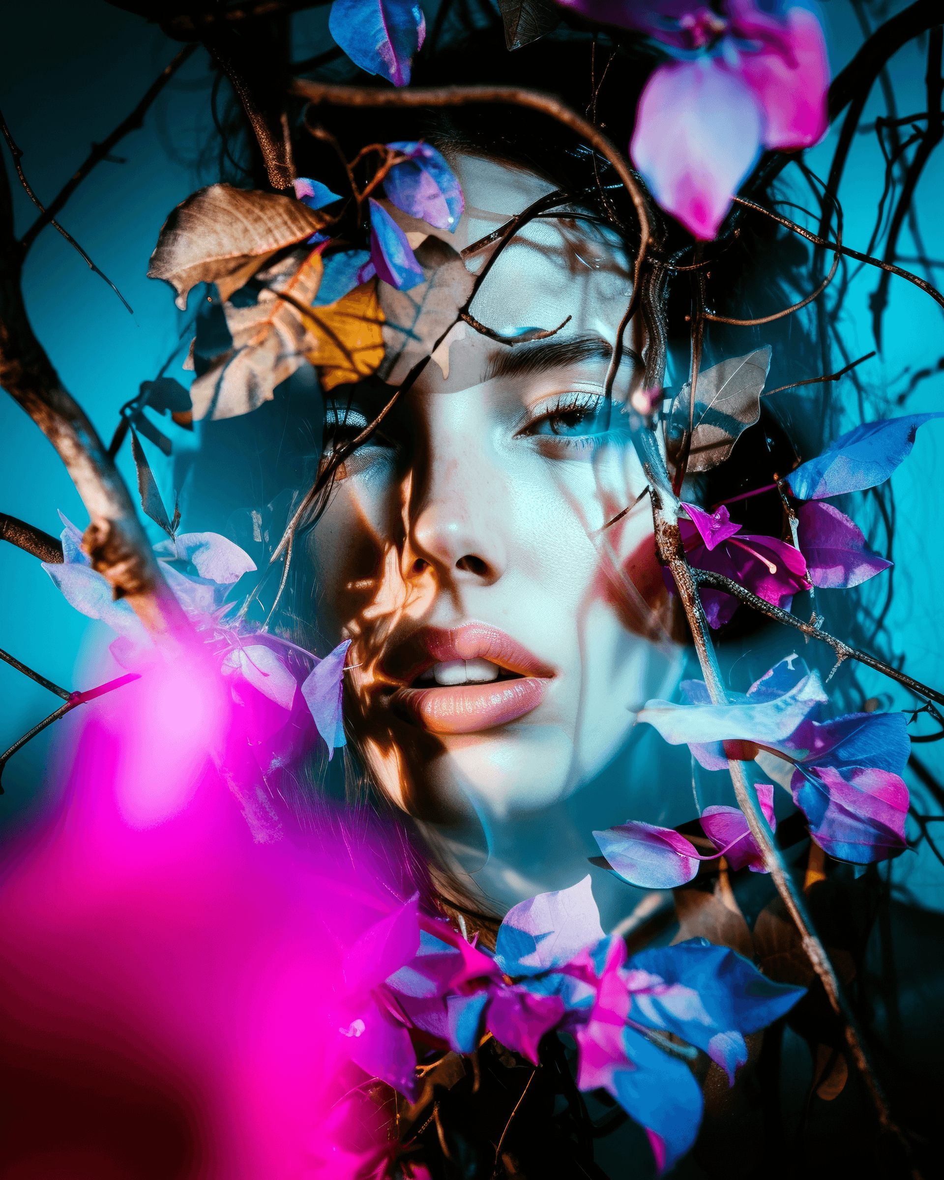 AI generated: a gorgeous Caucasian woman emerging out of the forest, trailing flowers and branches in twined aroun...