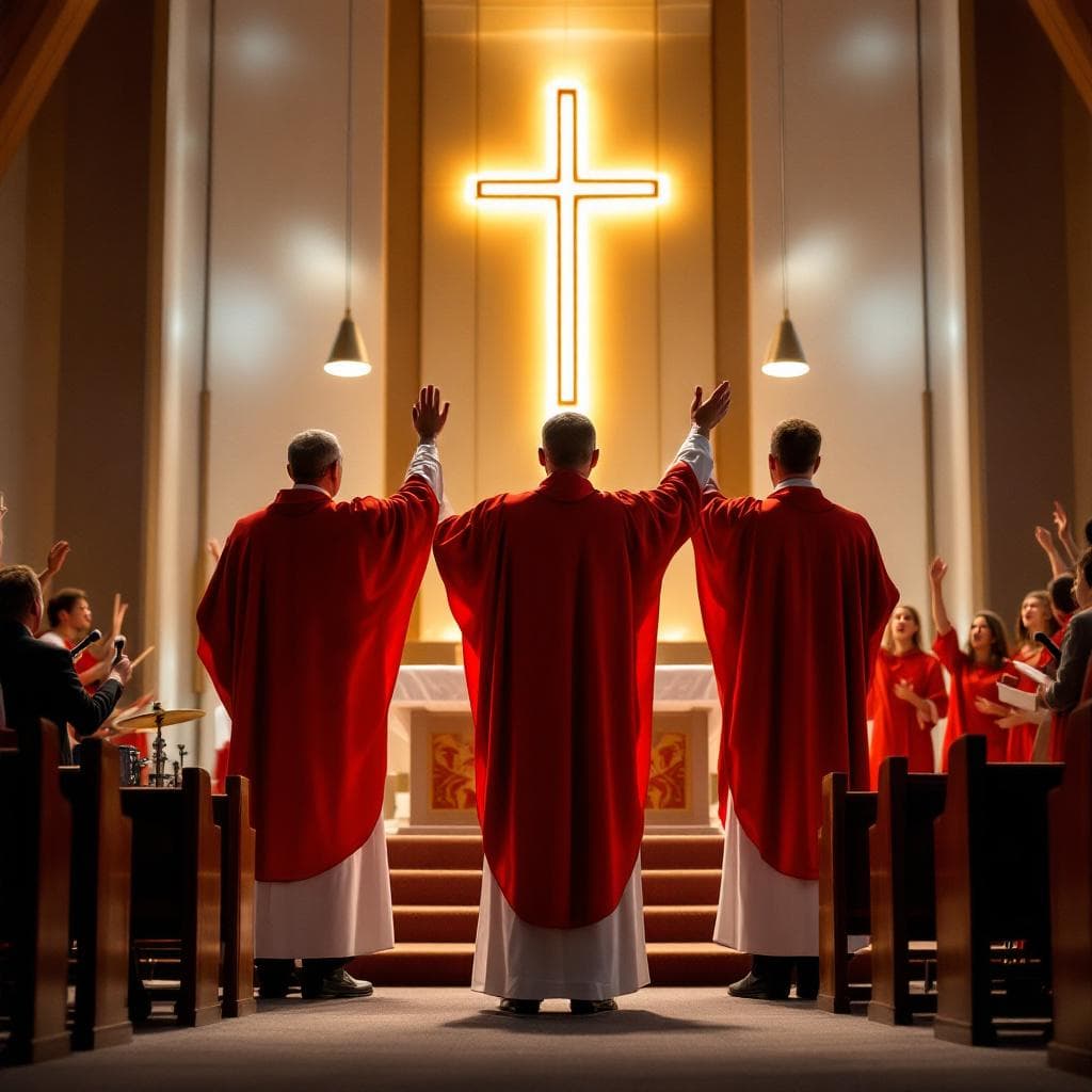 AI generated: Three Catholic priests in red chasubles (ornats) standing with raised hands, facing away from the ca...