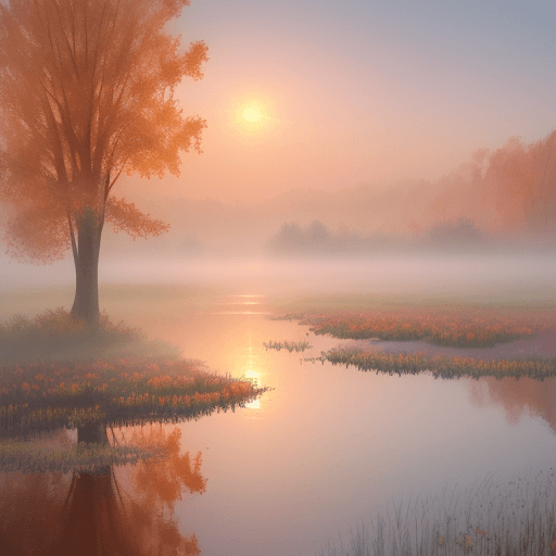 AI generated: Sunrise on a misty morning. over a misty pond in the hieght of fall.Watercolour by Alison Brady. Pas...