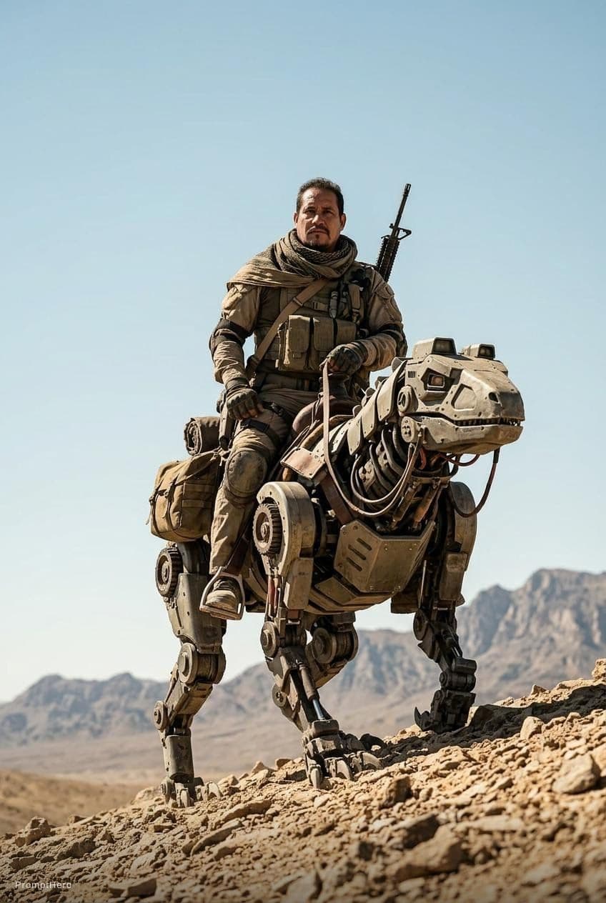 AI generated: A lone desert scout riding a robotic reptile-like pack mount up a rocky slope under a wide open sky,...