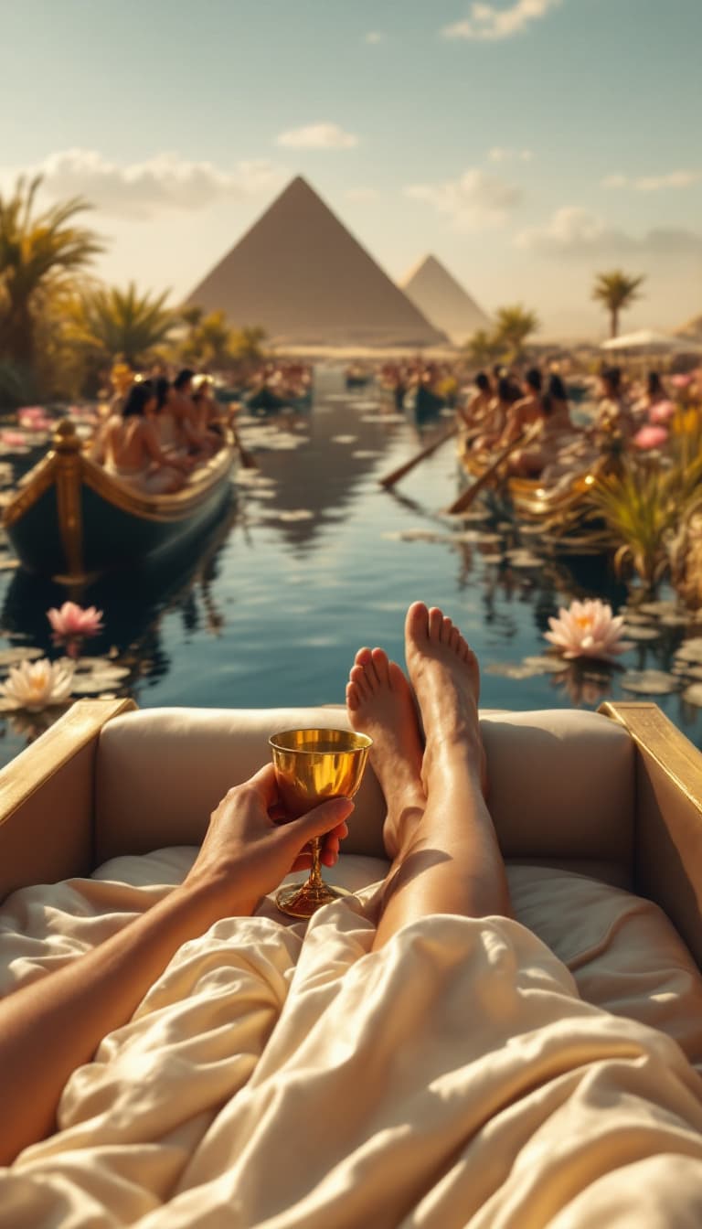 AI generated: A hyper-realistic first-person perspective of Cleopatra VII reclining on a silk-covered chaise aboar...