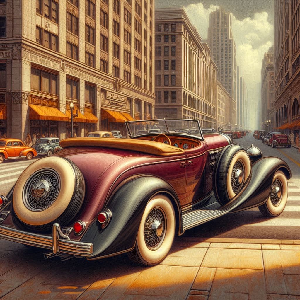 AI generated: A 1930s luxury cabriolet, style of streamline moderne, painterly 1930s streetlife scenery, 3d, body ...