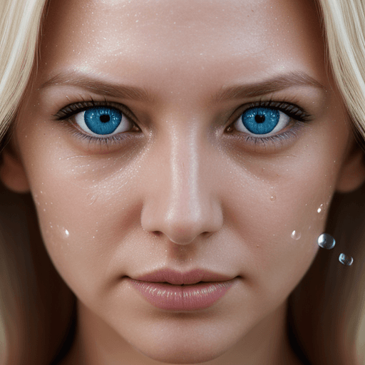 AI generated:  An extreme close-up shot of water droplets falling on a woman's face, realistic detail, sharp focus...