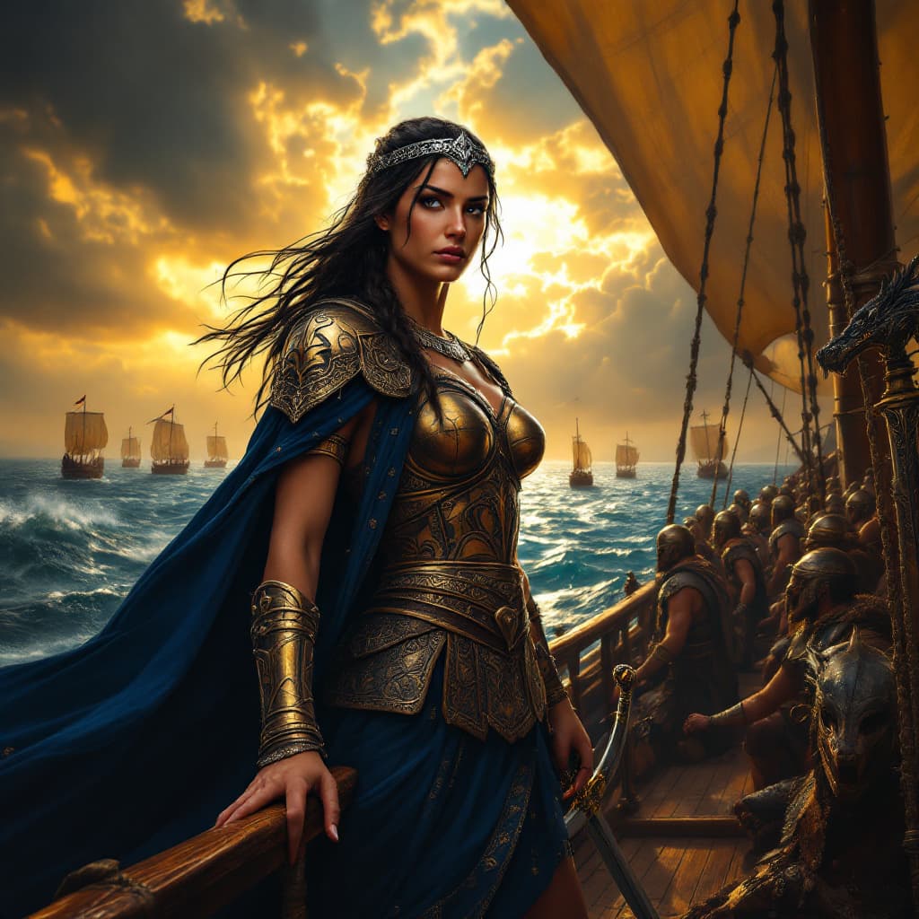AI generated: Prompt: A powerful and determined Queen Teuta of Illyria stands at the prow of her warship, sailing ...