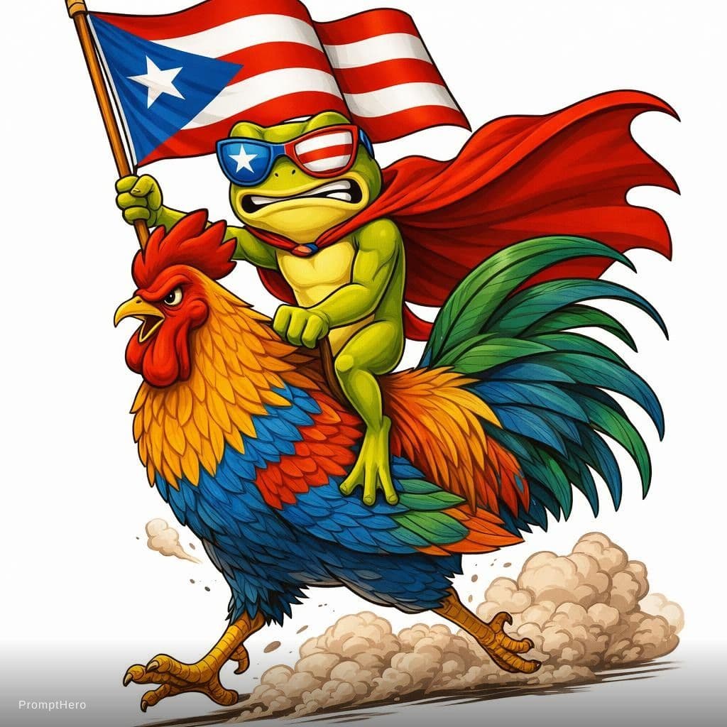 AI generated: angry superhero frog riding a proud rooster like a heroic horse, the frog wearing a flowing superher...
