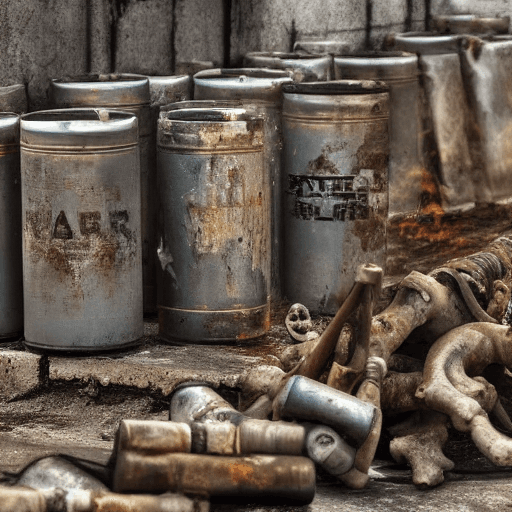 AI generated: Hyper realistic eye level photo of oil cans, some are on fire, inside a bunker, next to a machine gu...