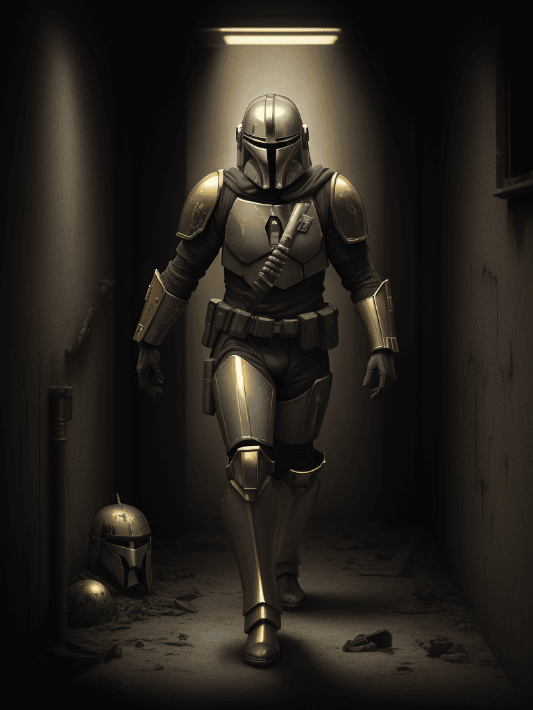 AI generated: A haunting scene of a mandalorian with a golden armor| golden armor(glowing eyes:1.2)| Staggering th...
