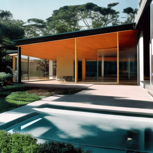 AI generated: Hyper realistic eye level exterior photo of a mid century modern style house overlooking the ocean, ...