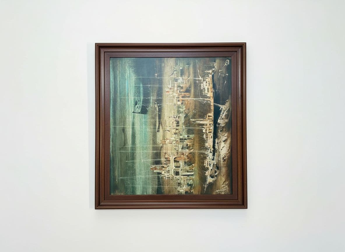 AI generated: make this painting be the center of a close up, horizontal, studio photo in a whitewall gallery sett...