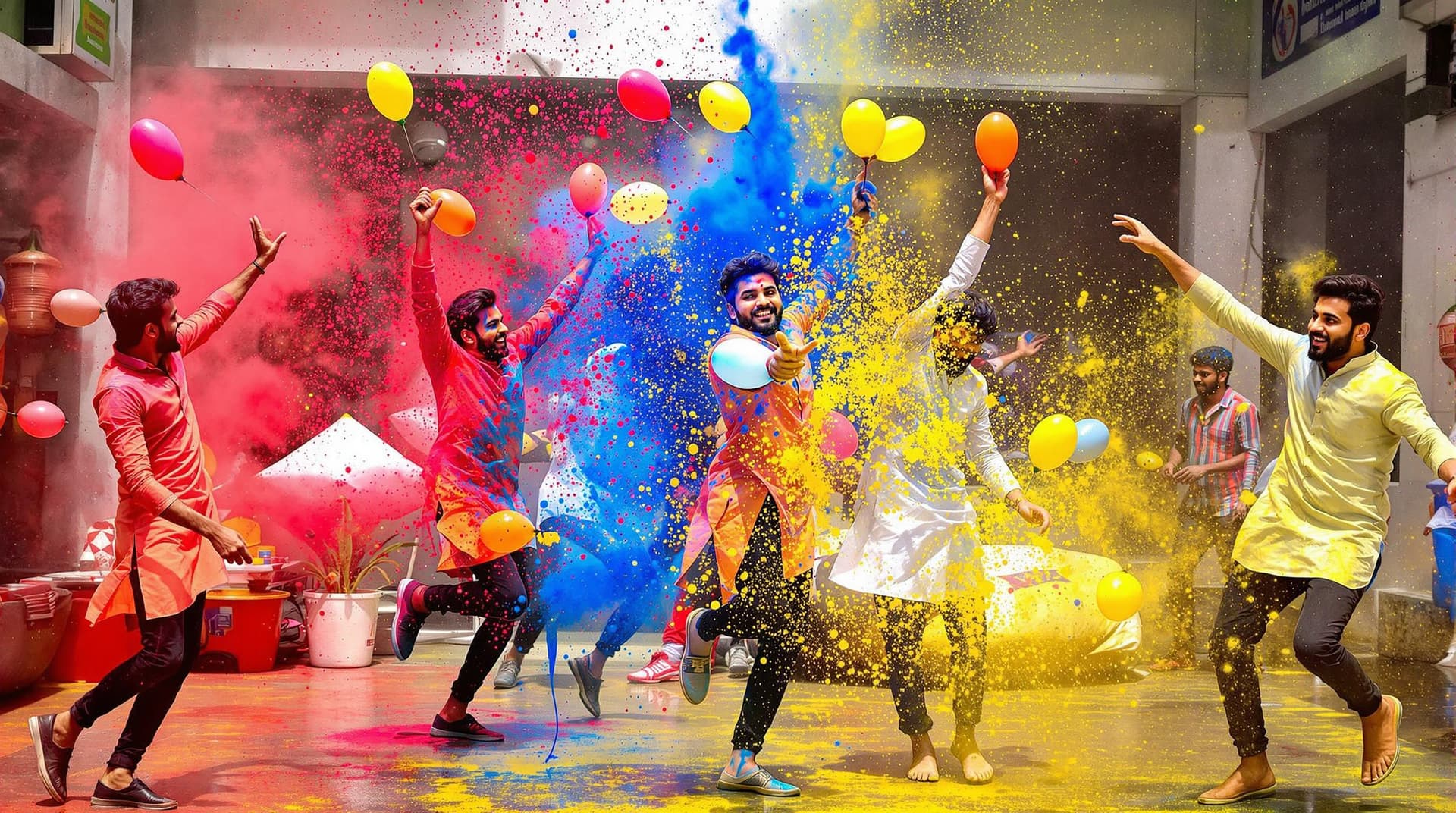 AI generated: ➡️ A group of young men wearing colorful kurtas, holding water balloons and pichkaris, splashing col...