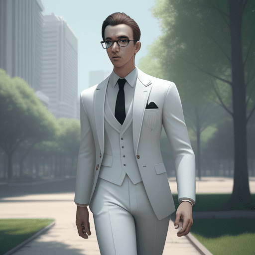 AI generated: young man in white suit,wearing branded glasses,walking,in summer park,outside the city,complex work...