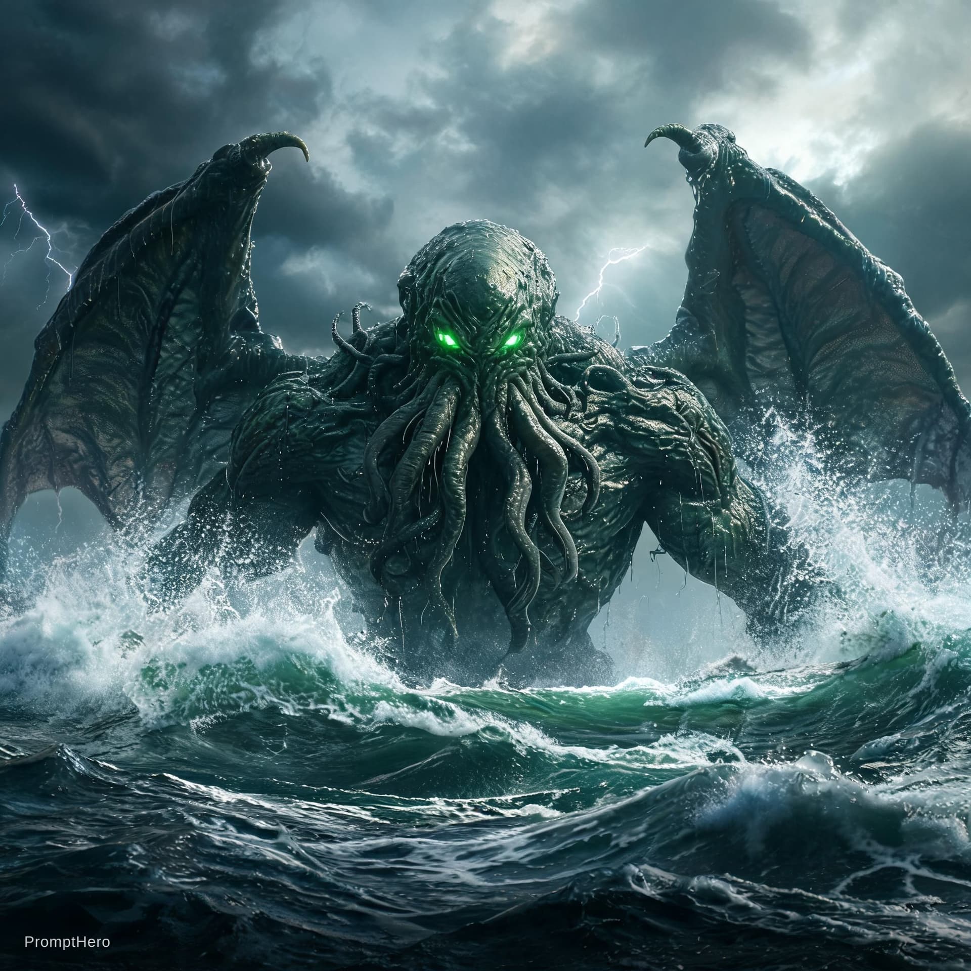 AI generated: Cthulhu rising out of the ocean, low angle, realistic