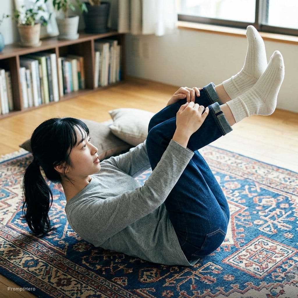 AI generated: Girl, lying on her back, legs raised up, holds legs with hands, white skin, black hair, white socks.