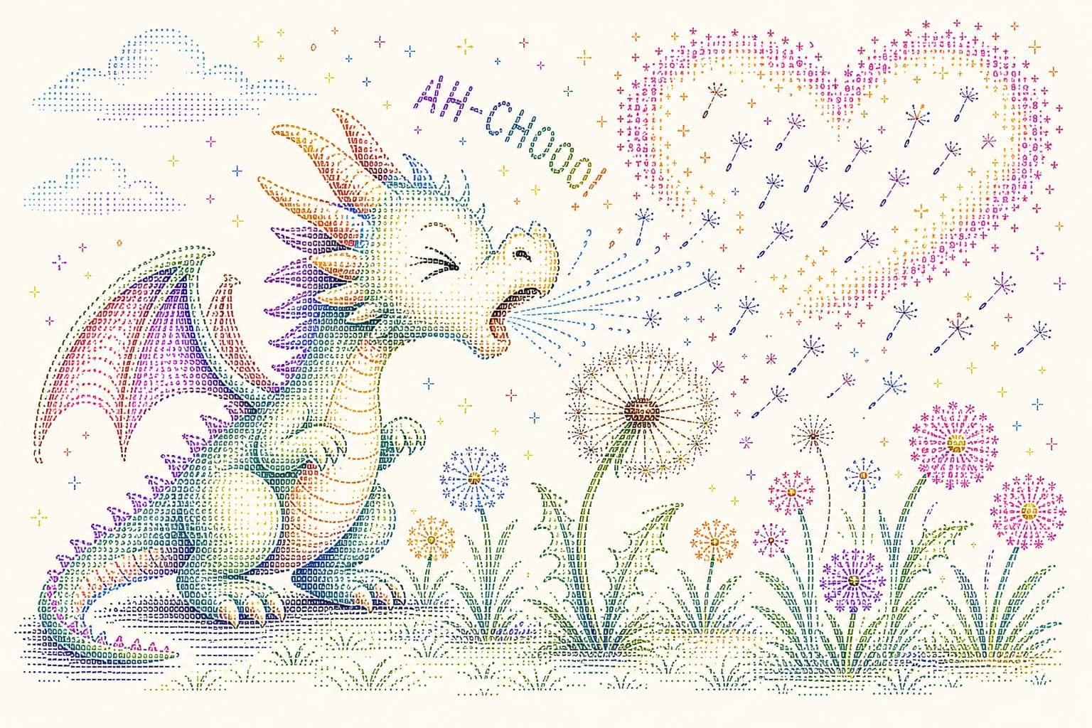 AI generated: using the images create A whimsical cartoon image of an animated dragon sniffing a dandelion, depict...