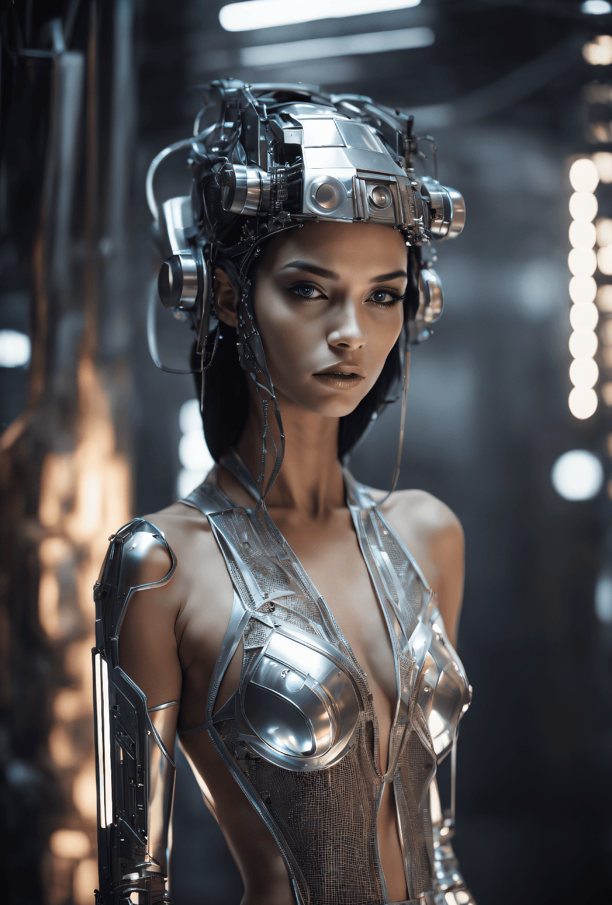 AI generated: biomechanical cyberpunk event photography, high angle, masterpiece photo of a young woman, Thin and ...