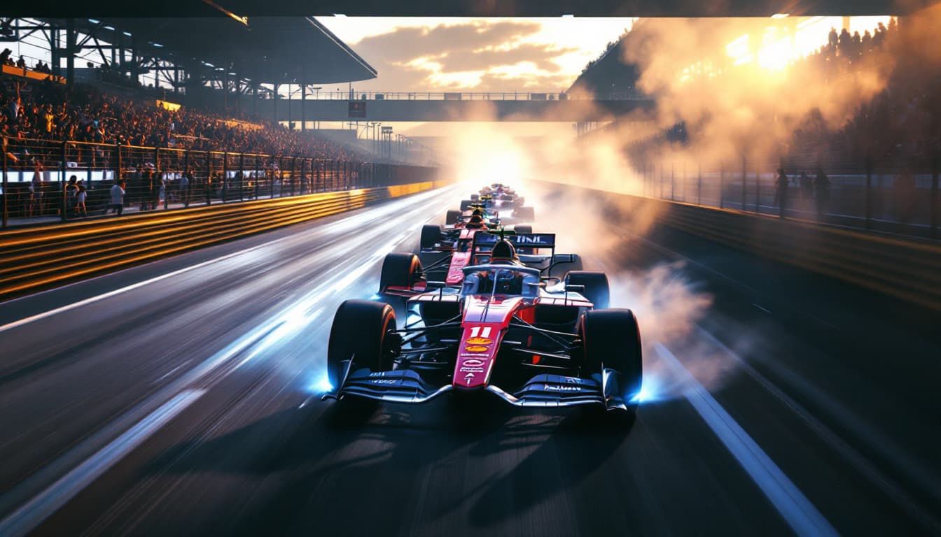 AI generated: The wide track is well lit by sunlight.  Tension is increasing. FINISH Transpost over a wide race tr...