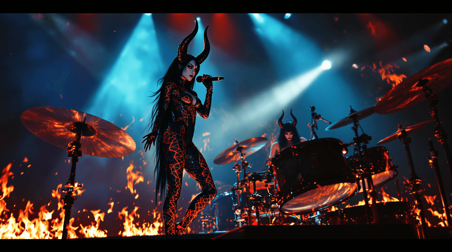 AI generated: Two female demon characters on a dark concert stage:

CHARACTER 1 - LILITH (Frontwoman - Vocal):

Fe...