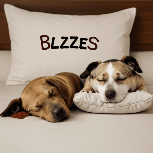 AI generated: A dog asleep on a soft pillow. Next to the dog is their favourite plush toy. Behind them is a bowl f...