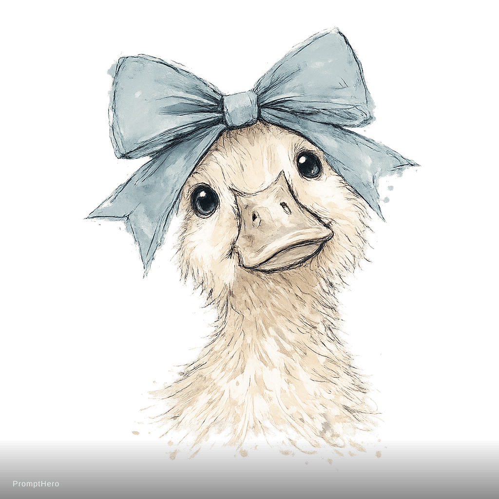 AI generated: trendy boho duck illustration, close portrait of an adorable duck looking upward with soft expressiv...